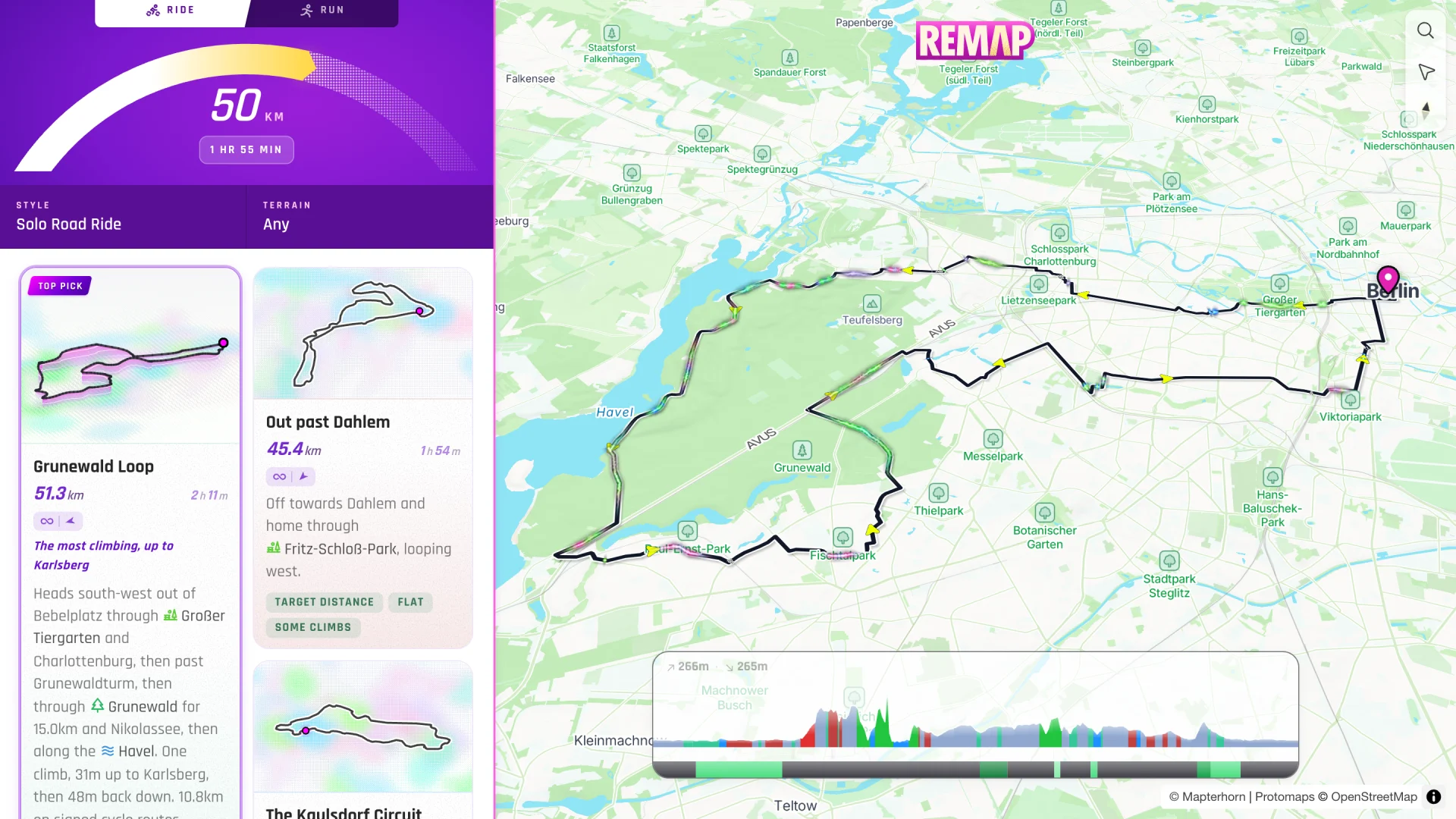 Remap in a browser on a 50 km ride request from Berlin Mitte: the Grunewald Loop, 51.3 km with 266 m of climbing, with its card, map and elevation profile