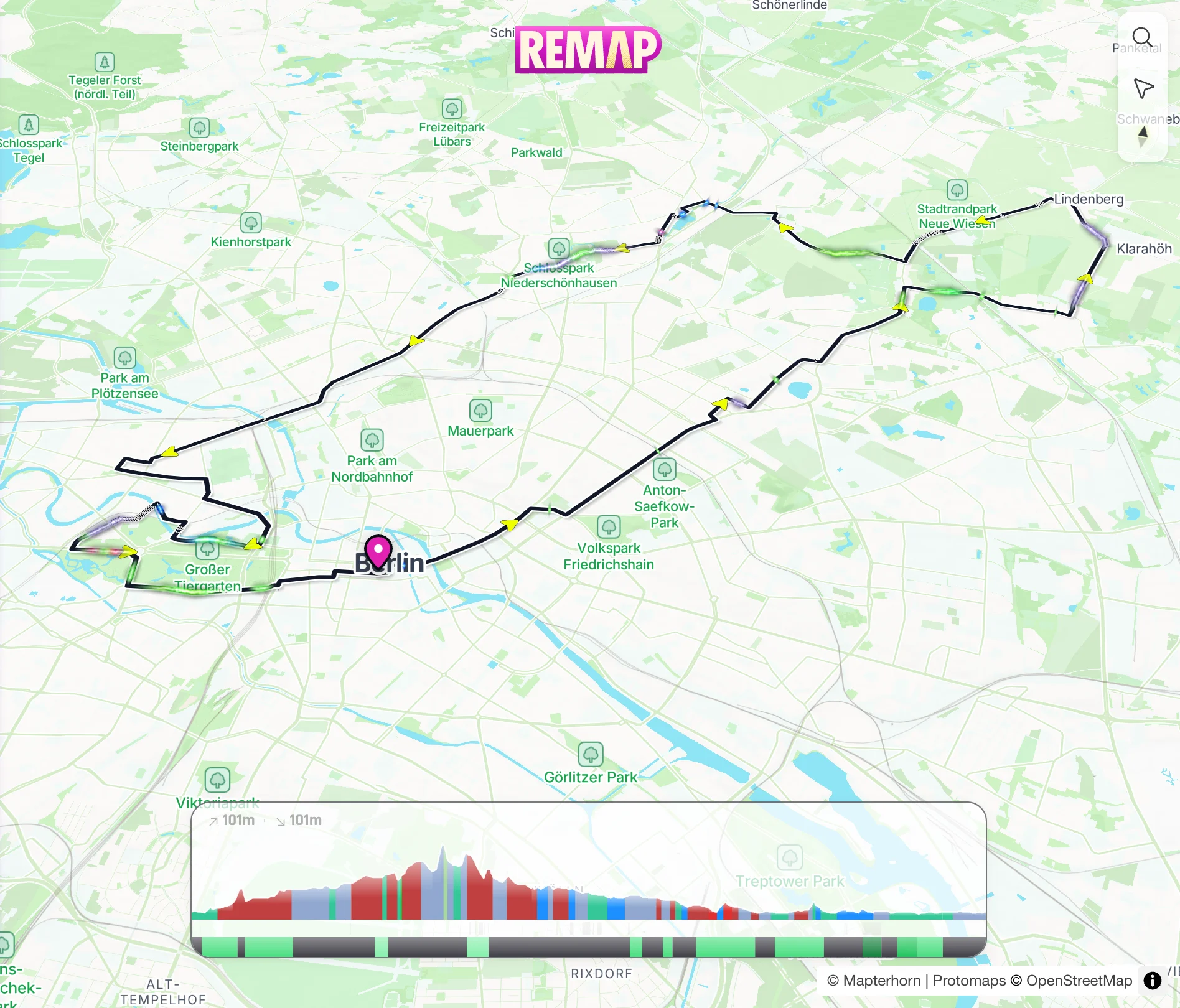 A Remap route on the map: Round by Ahrensfelde, 44.8 km with 101 m of climbing, from a start pin in Berlin Mitte