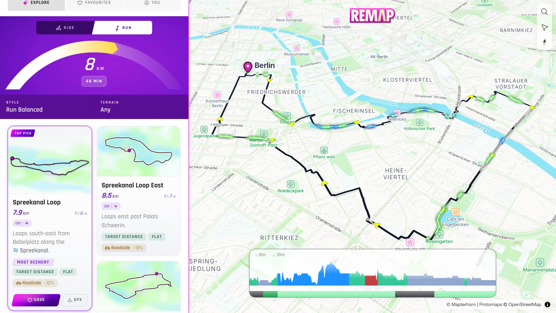 Remap in a browser: an 8 km run search from Berlin Mitte, the Spreekanal Loop at 7.9 km on the map beside the run cards