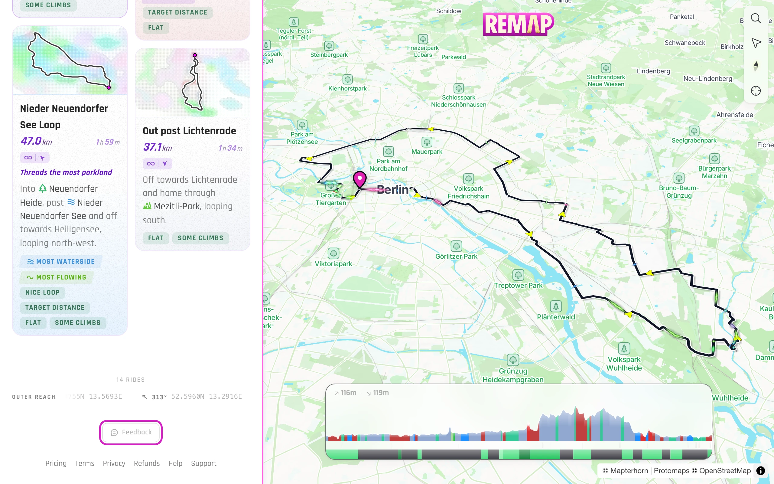 Remap on the web with routes around Berlin, and Feedback circled at the bottom of the Explore panel