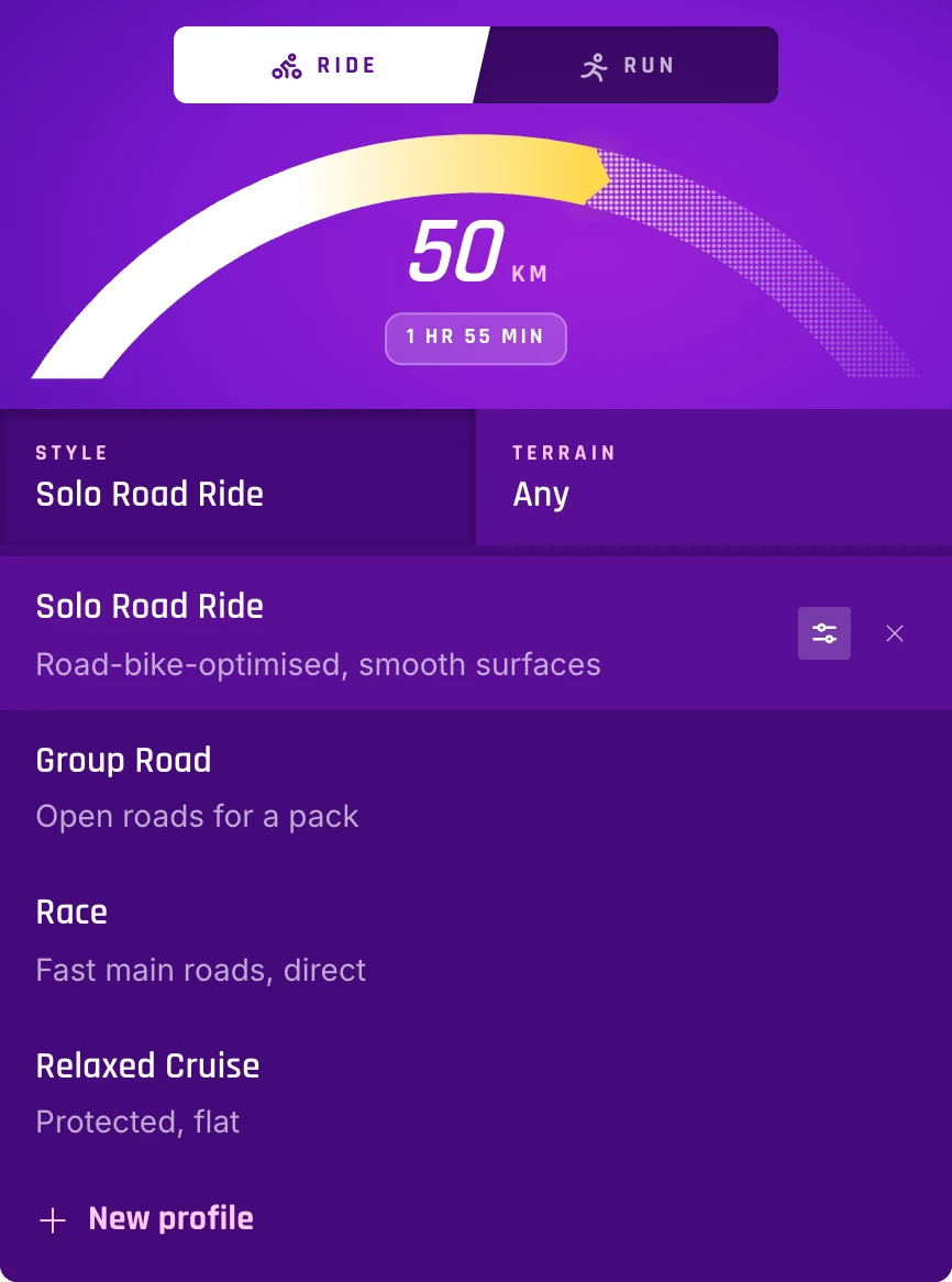 Style open in Explore, listing the ride styles, with the Refine button beside the current one