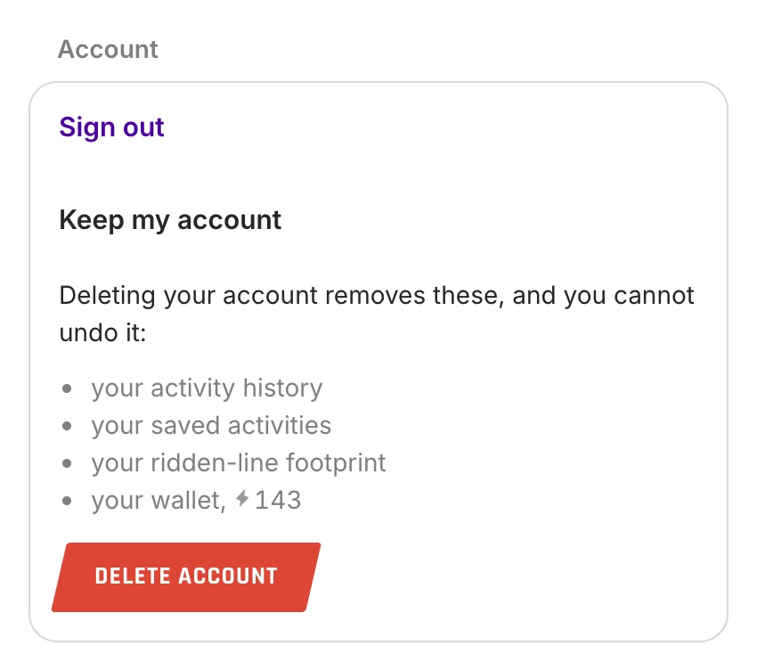 Delete account opened under Account in Settings, listing what deleting removes
