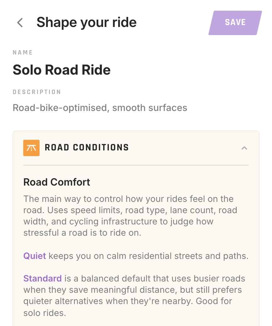 The Refine page for the current ride style, where its preferences change